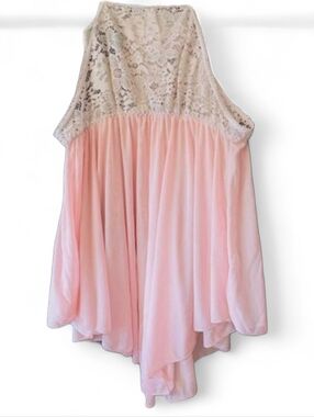 SHEIN Plus Contrast Lace Mesh Babydoll Sheer Dress Pink 2XL